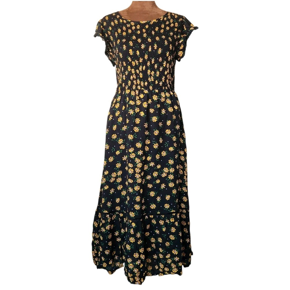Lost + Wander‎ Dress Size M Floral Yellow Black Smocked Cottagecore NWT